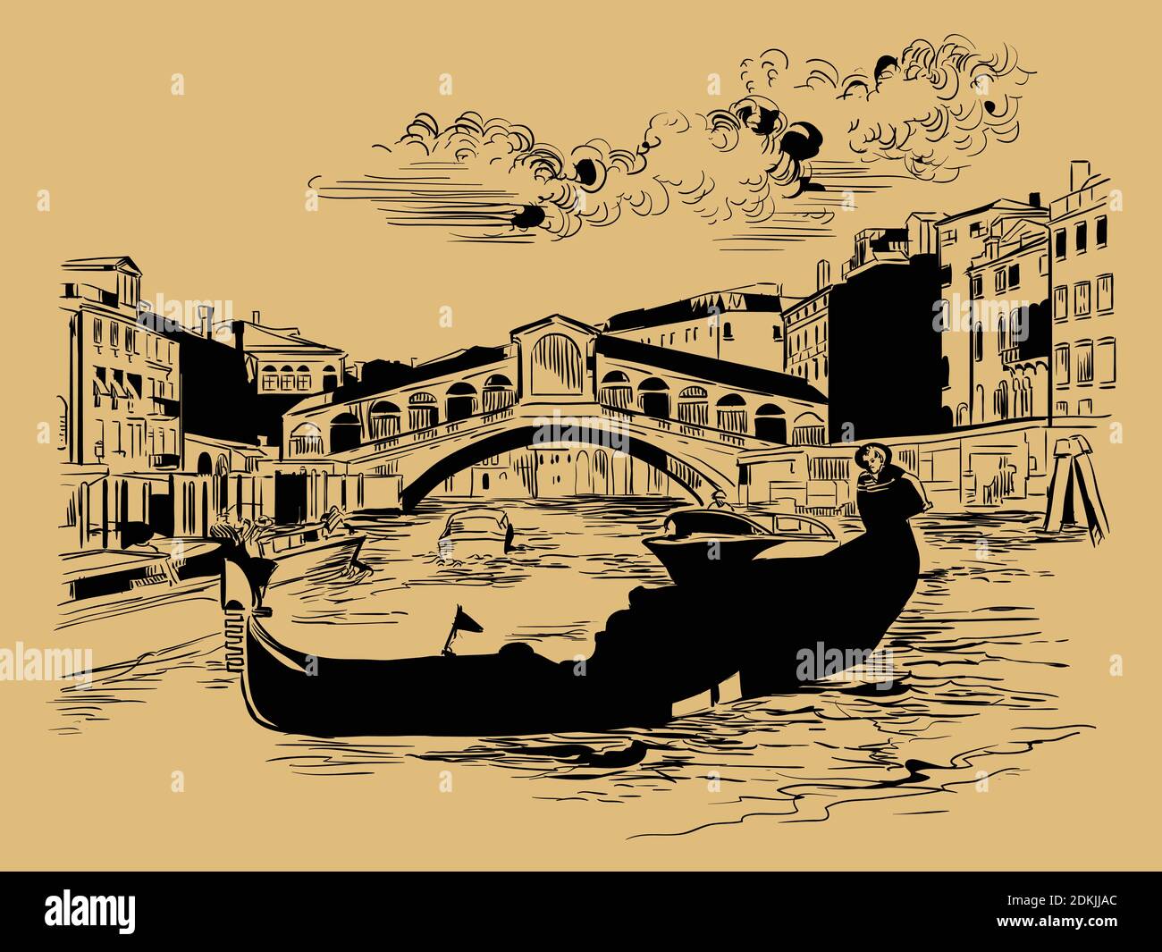 Vector hand drawing sketch illustration of Rialto Bridge on Grand Canal ...