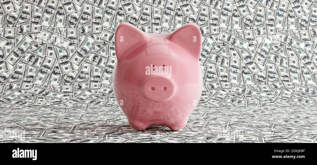Pink piggy bank on background made of dollar bills, close up, 3D Render, 3D Illustration Stock Photo