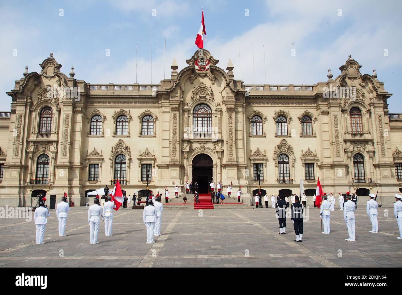 Military parade in the courtyard of the government palace at the ceremony of awarding the Sword of Honour to the officers, recently graduated, who occupied the first position of their class in the training schools of the Armed Forces. Stock Photo