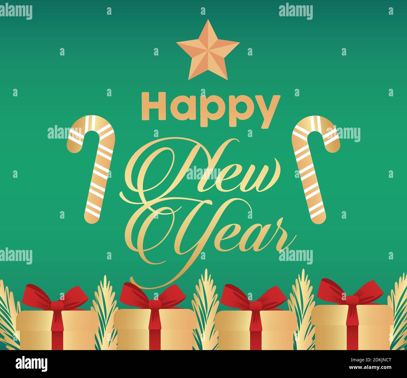 happy new year lettering golden card with gifts and canes vector ...