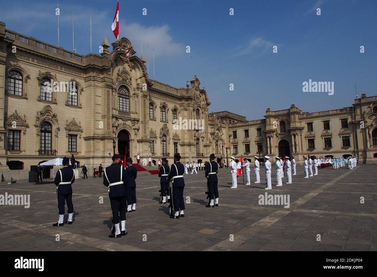 Military parade in the courtyard of the government palace at the ceremony of awarding the Sword of Honour to the officers, recently graduated, who occupied the first position of their class in the training schools of the Armed Forces. Stock Photo