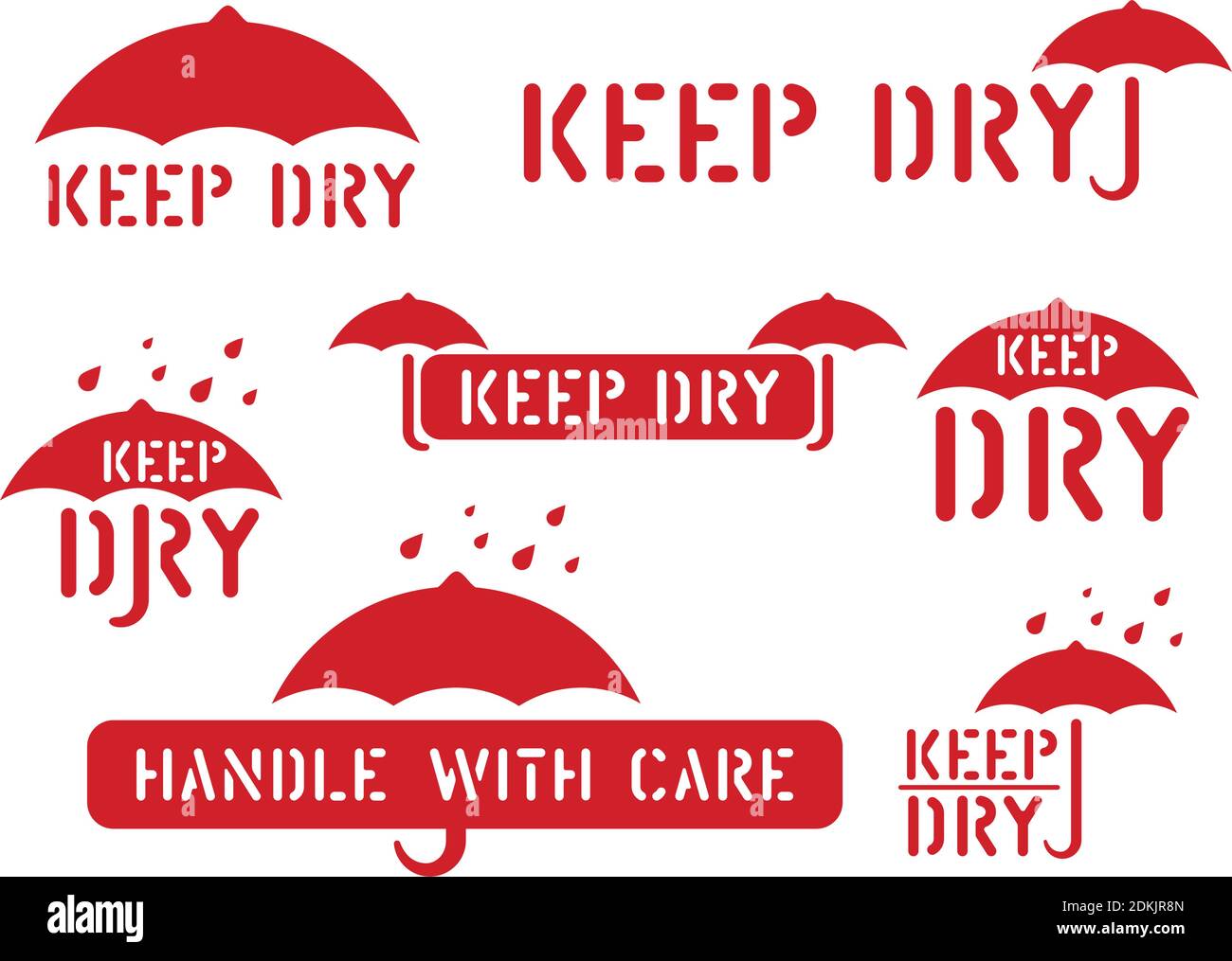 Keep dry, handle with care, fragile, retro sticker. Logistics clean rubber stamp set for cargo and logistics. vector illustration with umbrella box sign. Stock Vector