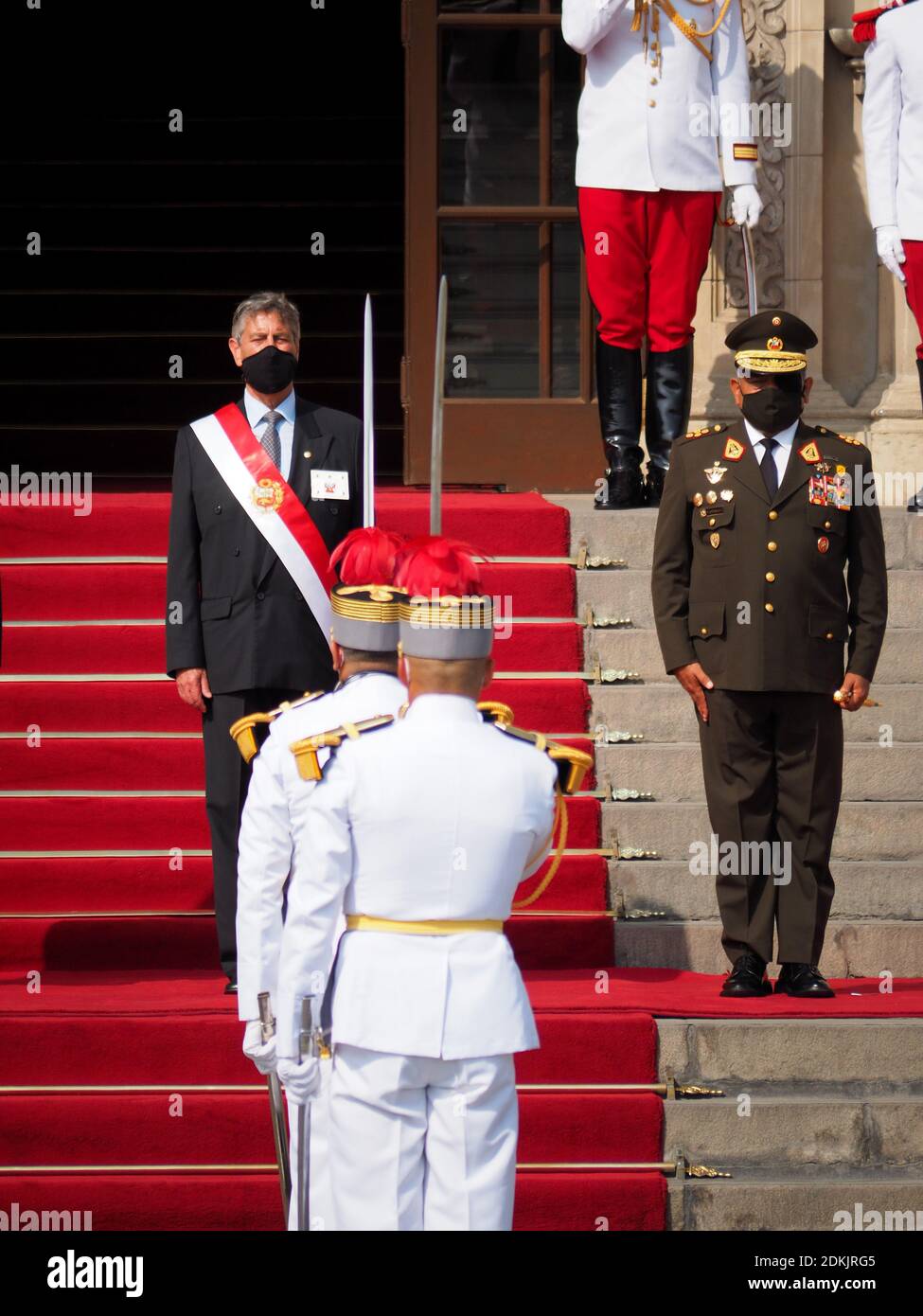 From left to right: Francisco Sagasti, President of Peru; General César Astudillo, Chief of the Joint Command of the Armed Forces. The  President leads the ceremony of awarding the Sword of Honour to the officers, recently graduated, who occupied the first position of their class in the training schools of the Armed Forces. Stock Photo