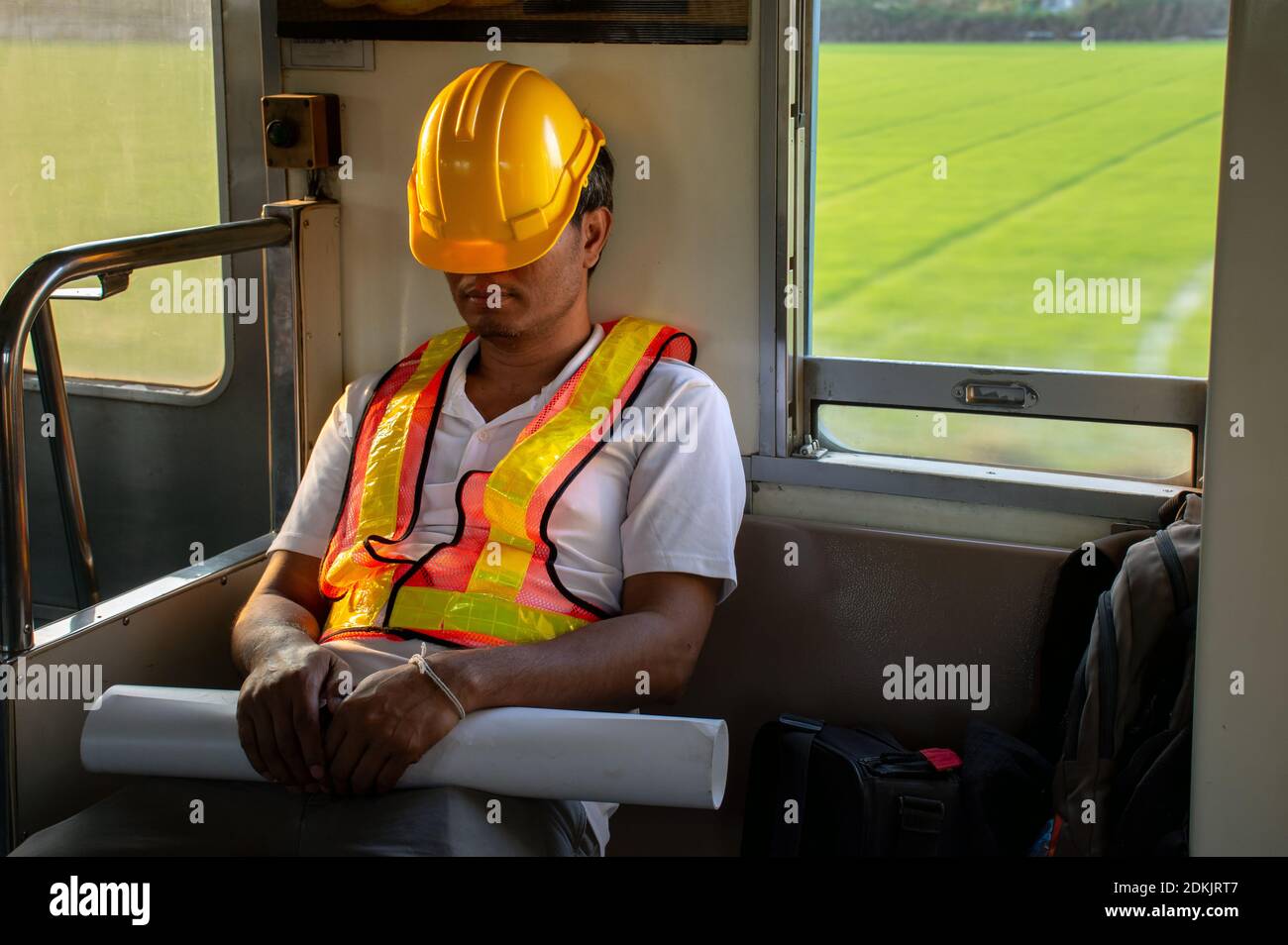 Engineer Traveling In Train Stock Photo Alamy