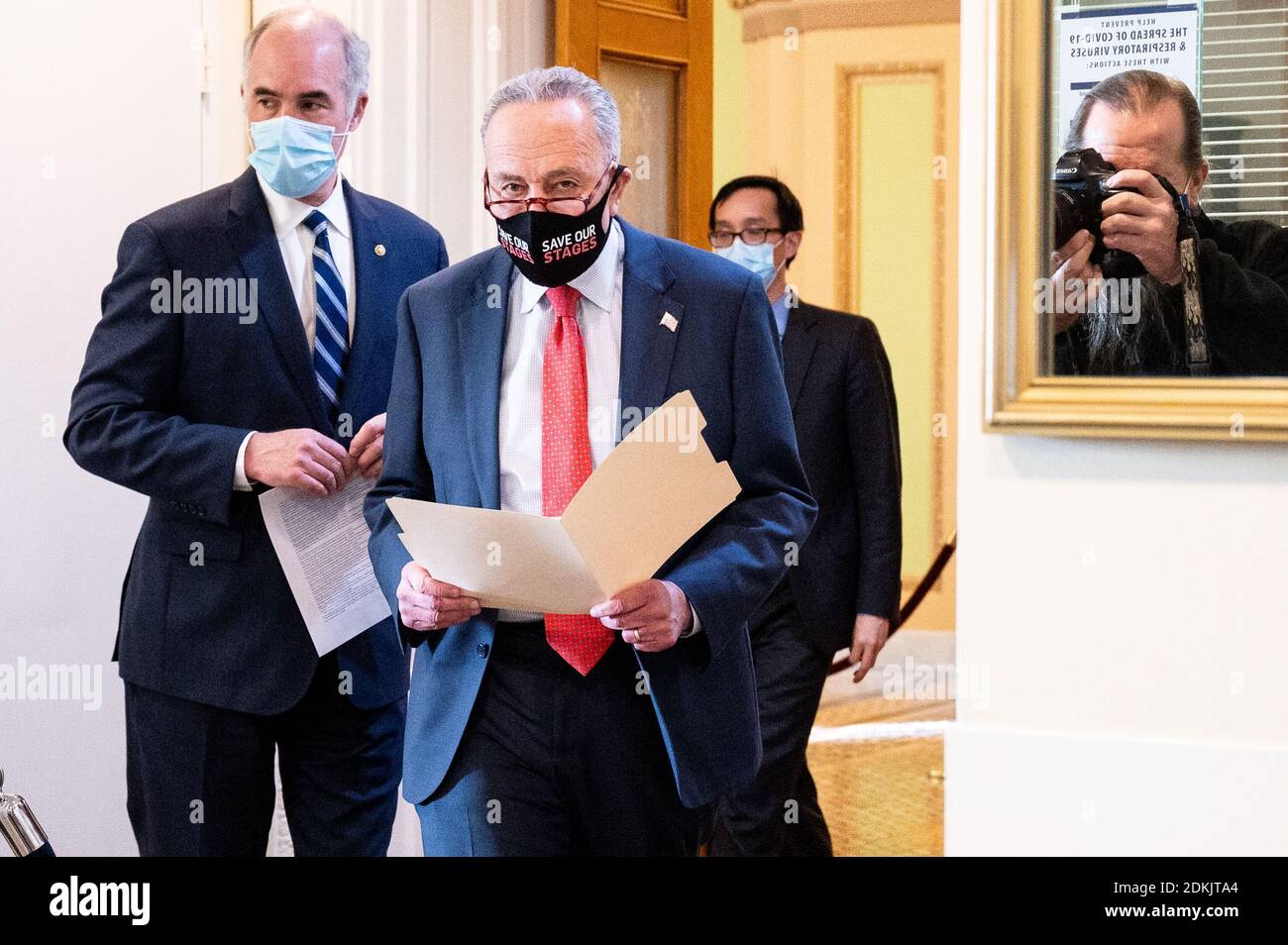 United States:  Senate Minority Leader Chuck Schumer (D-NY), wearing a "Save Our Stages" face mask, arriving for a Senate Democratic press conference. Stock Photo