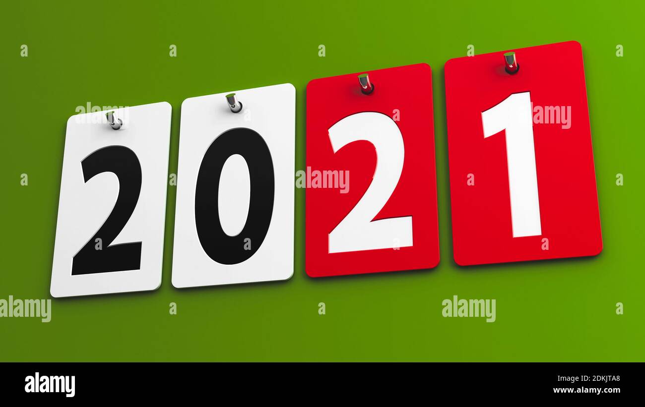 Plates 2021 on green wall, represents the new year 2021, three-dimensional rendering, 3D illustration Stock Photo