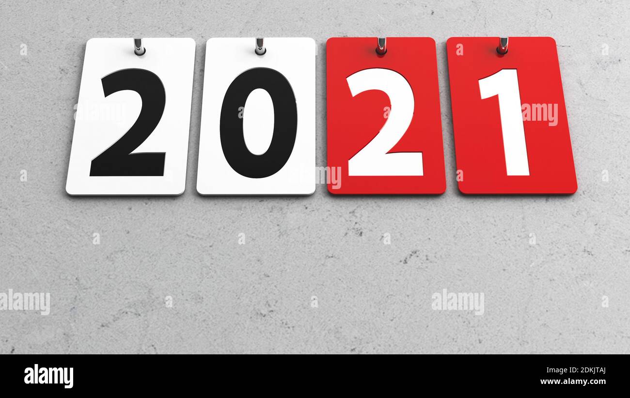 Plates 2021 on grey wall, represents the new year 2021, three-dimensional rendering, 3D illustration Stock Photo