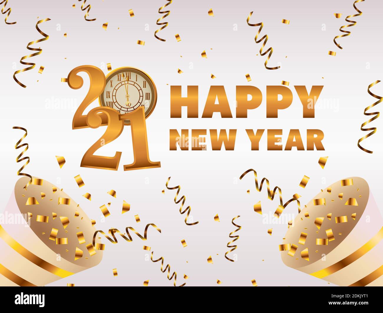 happy new year lettering card with 2021 number and cornets vector ...