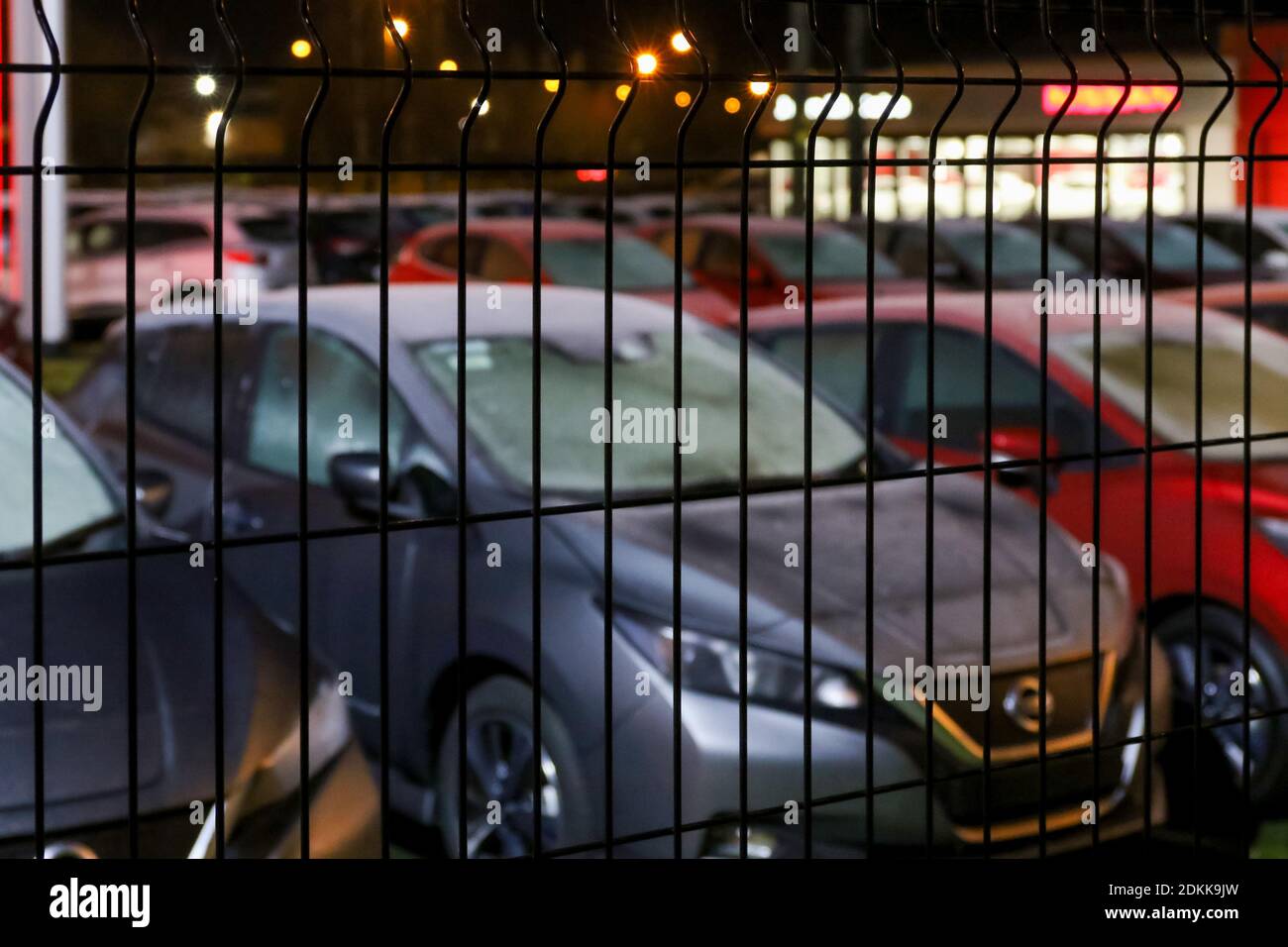 Winter overnight frost on car roofs windscreens and bonnets - a row of ...