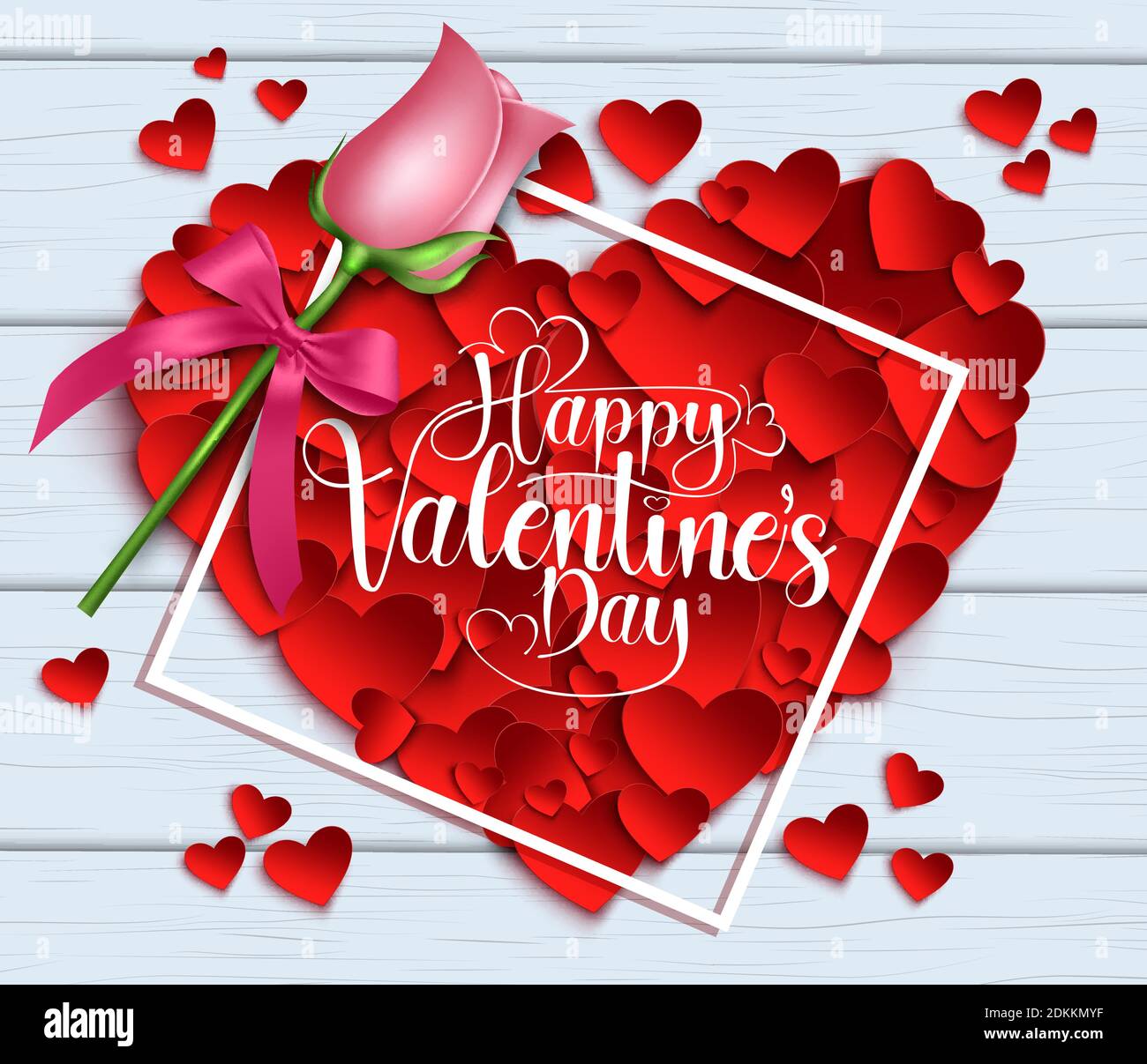 Valentines heart vector background design. Happy valentine's day text in heart shape with frame and pink rose element for valentines day decoration. Stock Vector