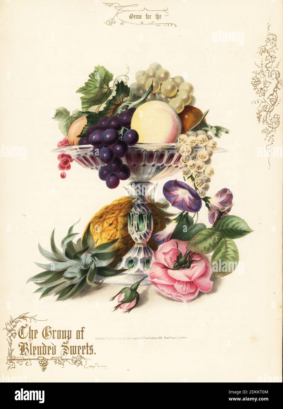 Bouquet of pineapple, grapes, peach, rose, morning glory and glass vase. The Group of Blended Sweets. Hand-coloured lithograph with gold calligraphy by Paul Jerrard from his own Gems for the Drawing Room, Paul Jerrard, 111 Fleet Street, London, 1852. Jerrard was a Victorian lithographer and print colourer active in London. Stock Photo