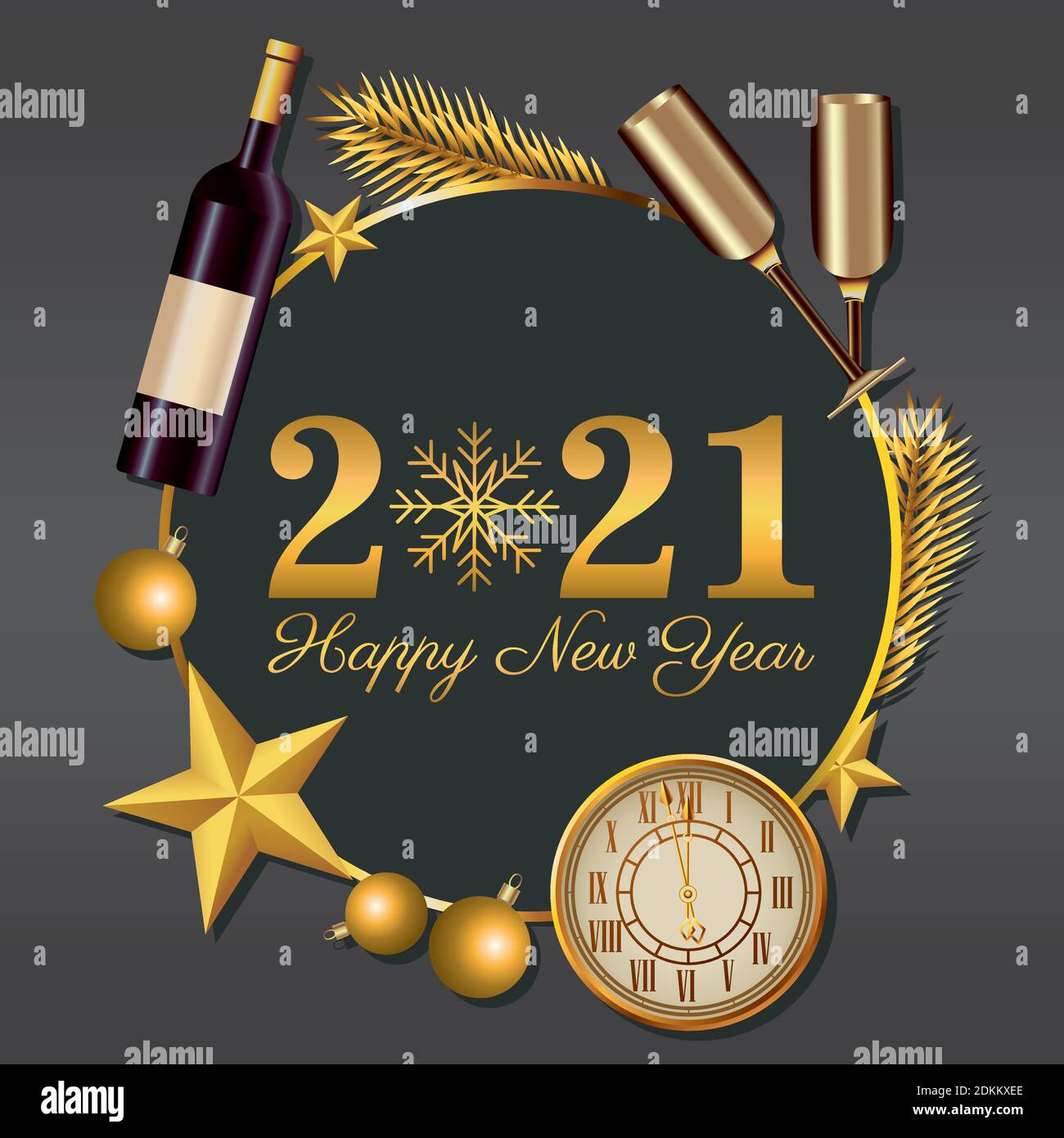 happy new year lettering card with 2021 number and champagne vector ...