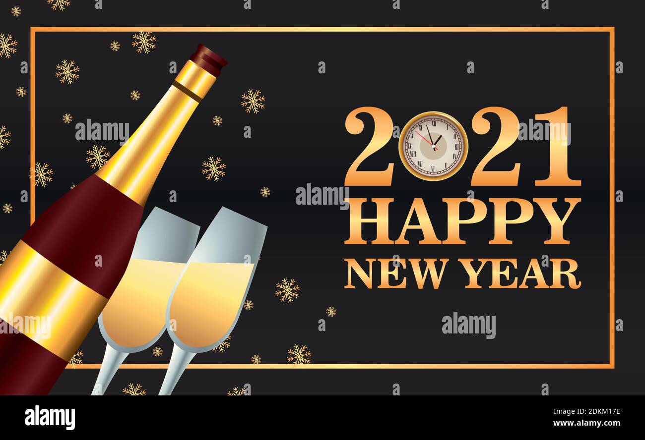 happy new year lettering card with champagne cups and bottles vector ...