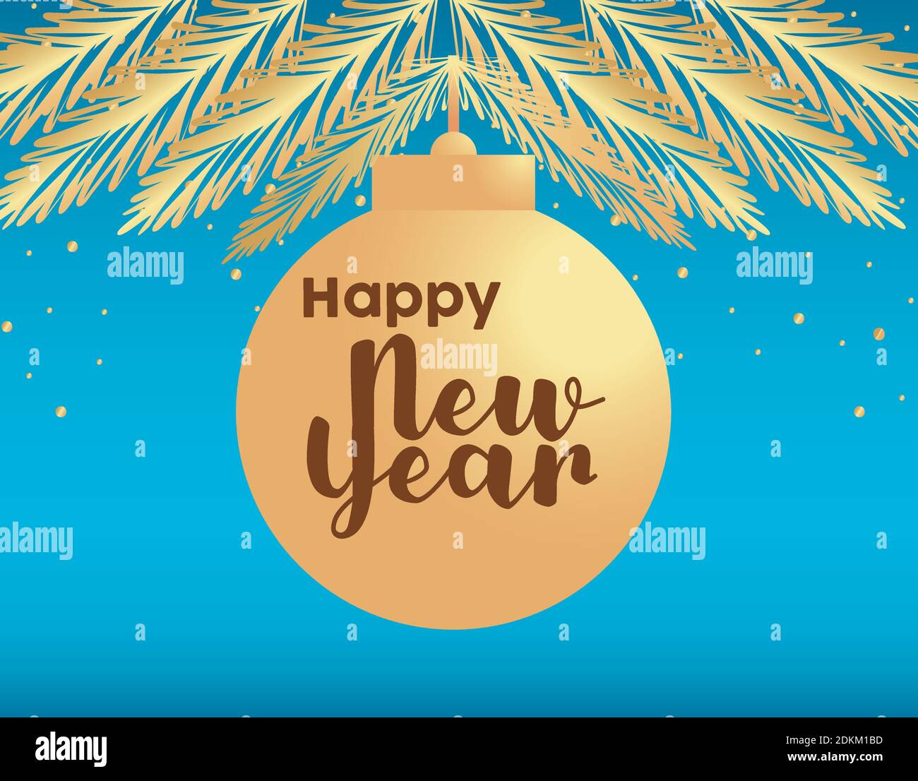 happy new year lettering golden card with ball and firs vector ...