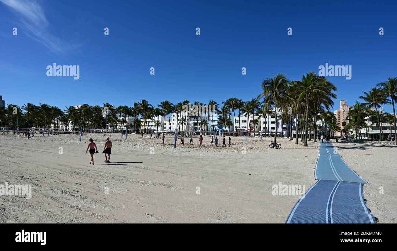 Miami Beach, Florida - December 13, 2020 - Remodeled Muscle Beach fitness park in Lummus Park on sunny winter morning. Stock Photo