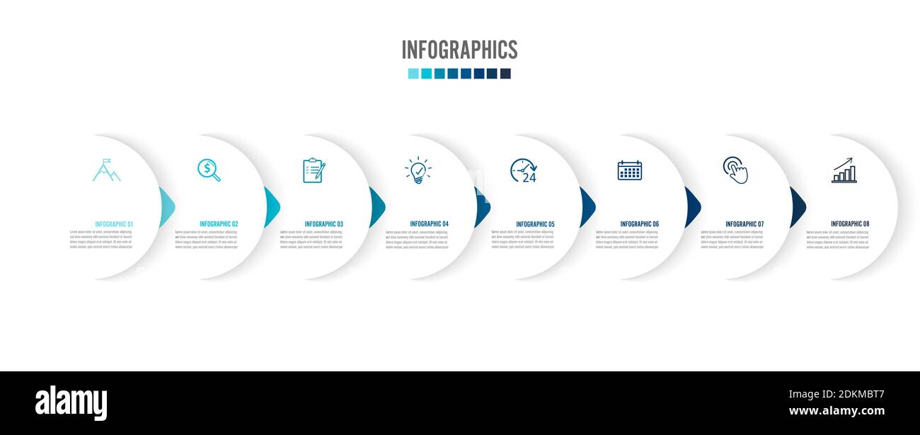 Eight paper white overlapping arrows placed in horizontal row. Concept ...