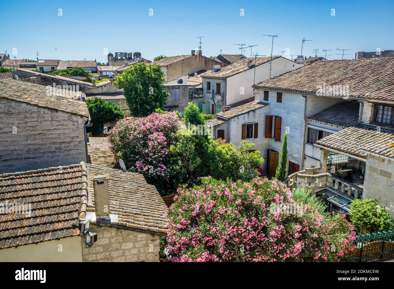 view over the roofs and backyards of the medieval walled town of Aigues-Mortes, Petite Camargue, Gard department, Occitanie region, Southern France Stock Photo