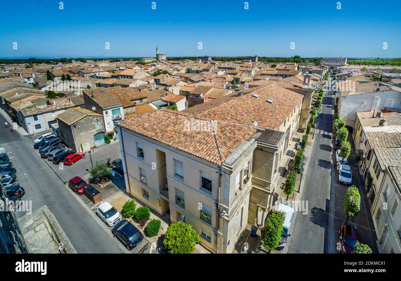 view over the roofs of the medieval walled town of Aigues-Mortes, Petite Camargue, Gard department, Occitanie region, Southern France Stock Photo