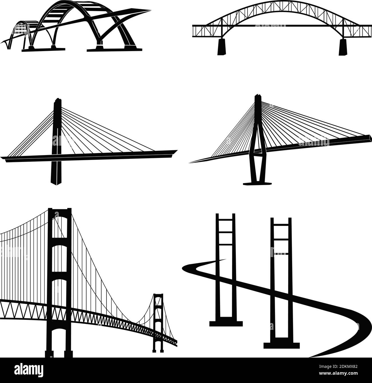 Bridges silhouette perspective vector icon set, bridges contructions, Isolated silhouette bridges icon set Stock Vector