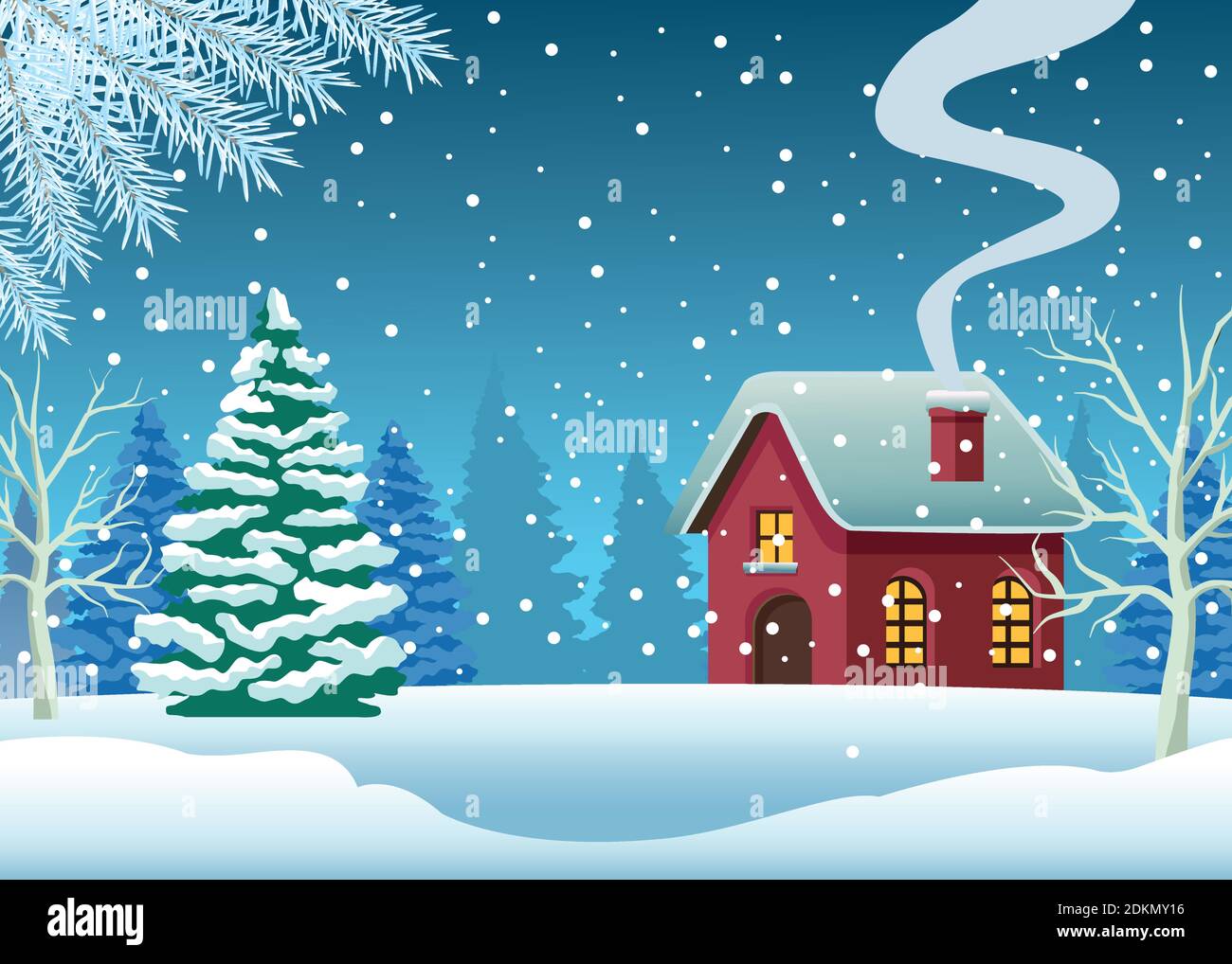 cute house and pine tree in snowscape scene vector illustration design ...