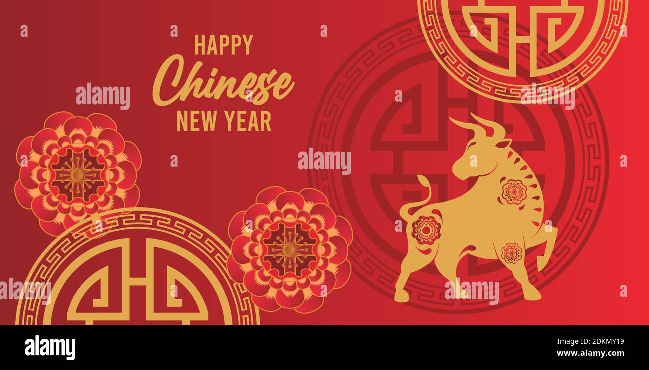 happy chinese new year lettering card with golden ox and laces vector ...