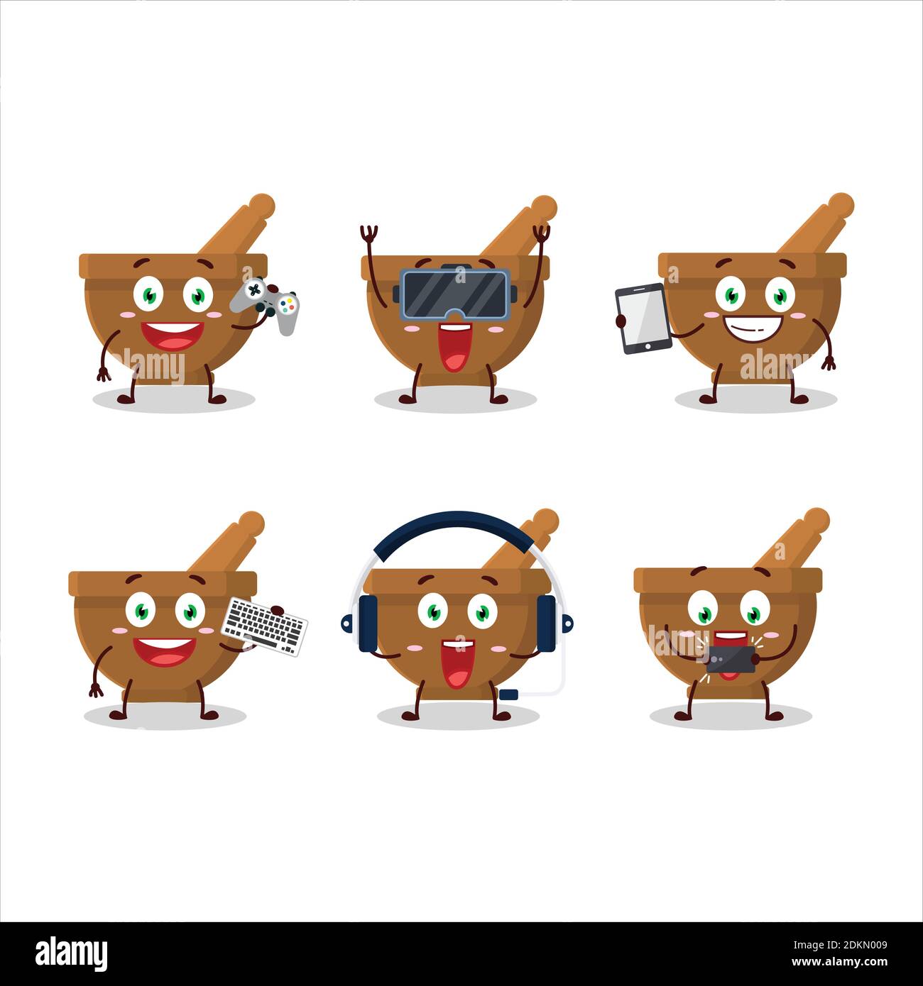 Mortar and pestle cartoon character are playing games with various cute emoticons. Vector