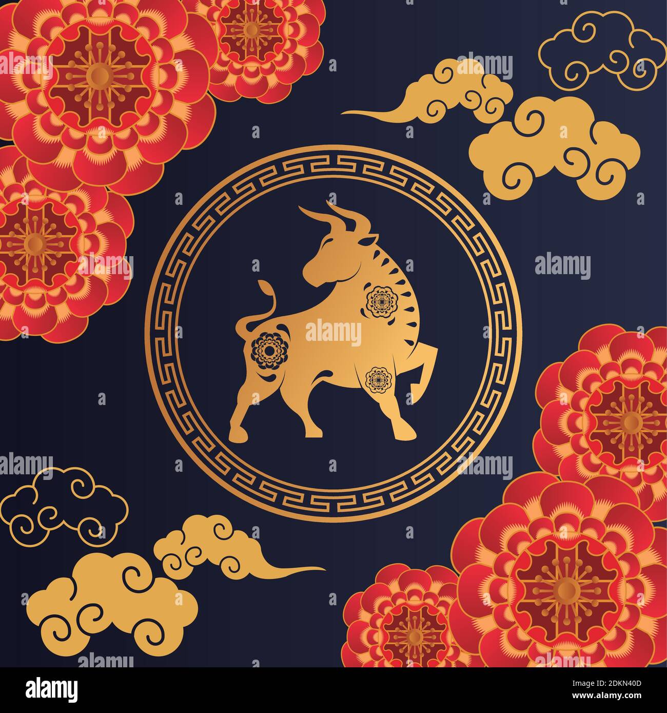 happy chinese new year card with golden ox and red laces vector ...