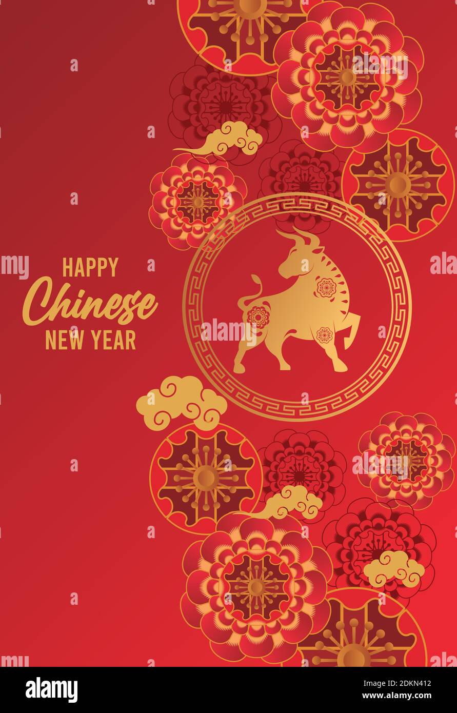 happy chinese new year lettering card with golden ox and red laces in ...
