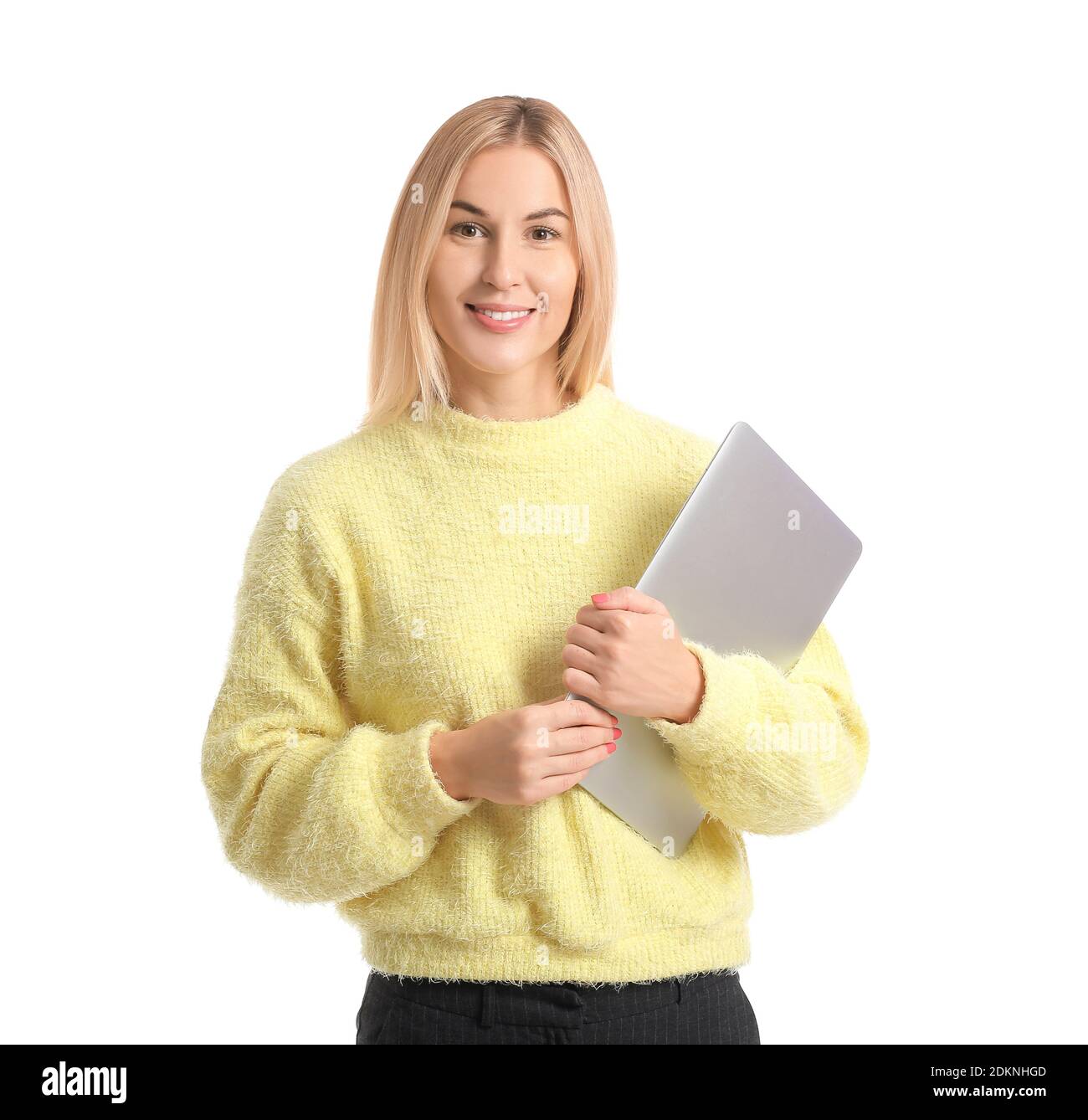 Beautiful young woman with laptop on white background Stock Photo - Alamy