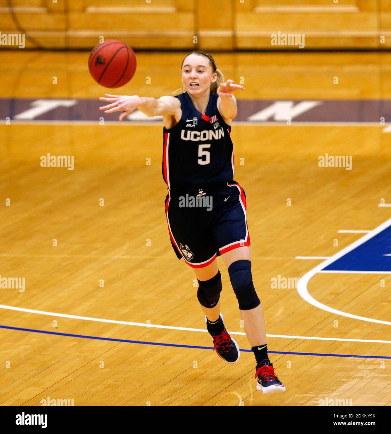 South Orange, New Jersey, USA. 16th Dec, 2020. UConn Huskies guard Paige Bueckers (5) makes a pass up court in the second half at Walsh Gymnasium in South Orange, New Jersey. UConn defeated Seton Hall 92-65. Duncan Williams/CSM/Alamy Live News Stock Photo
