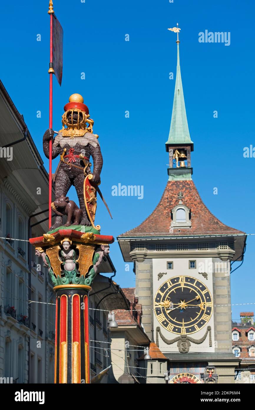 Zähringen fountain bear statue and Zytglogge clock tower Old Town Bern Switzerland Stock Photo