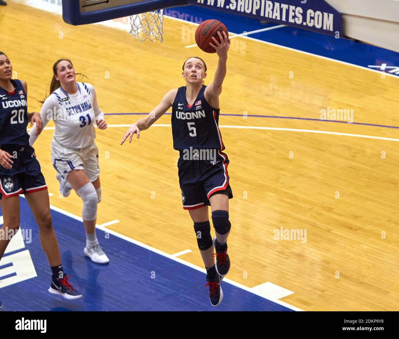 South Orange, New Jersey, USA. 16th Dec, 2020. UConn Huskies guard Paige Bueckers (5) scores a basket in the second half at Walsh Gymnasium in South Orange, New Jersey. UConn defeated Seton Hall 92-65. Duncan Williams/CSM/Alamy Live News Stock Photo
