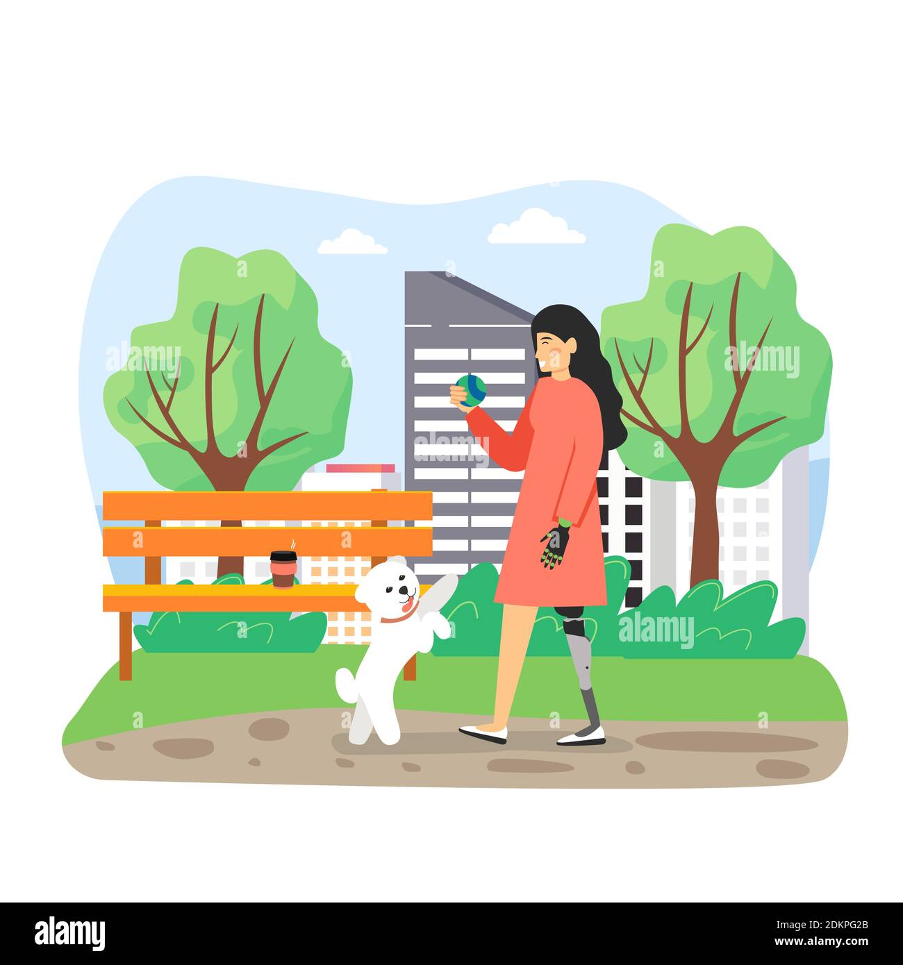 Disabled girl with prosthetic leg and arm playing outdoor games with her pet dog, flat vector illustration. Stock Vector