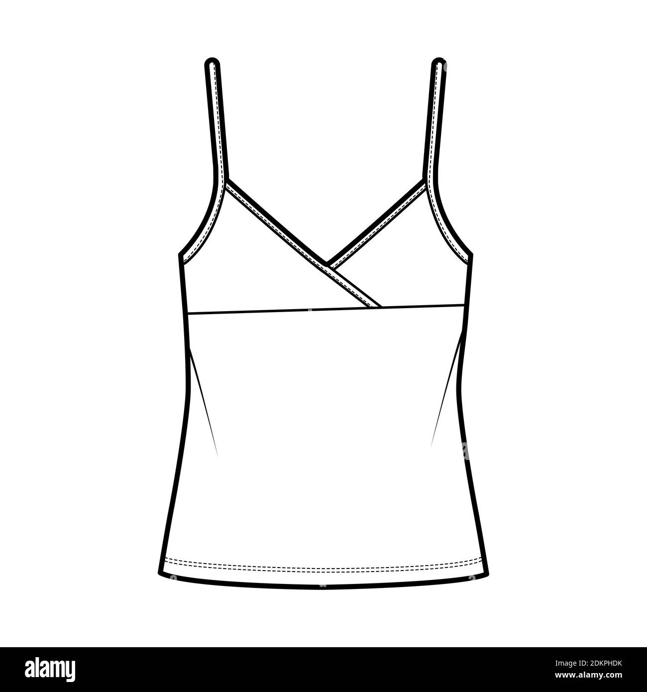 Camisole surplice tank cotton-jersey top technical fashion illustration with empire seam, thin adjustable straps, oversized. Flat outwear template front, white color. Women men CAD mockup Stock Vector