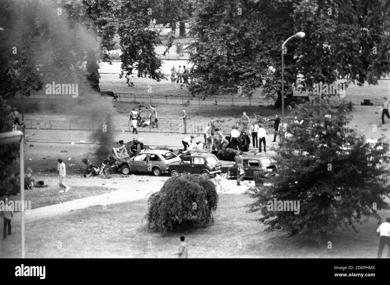 File photo dated 20/07/82 of smoke pours from a wrecked car in Rotten Row, London, after a bomb exploded as cavalrymen made their way to the guard changing ceremony in Whitehall. Relatives of four British soldiers killed in the Hyde Park bombing are awaiting a High Court ruling after asking a judge to award 'substantial damages' to 'mark society's condemnation' of the atrocity. Stock Photo