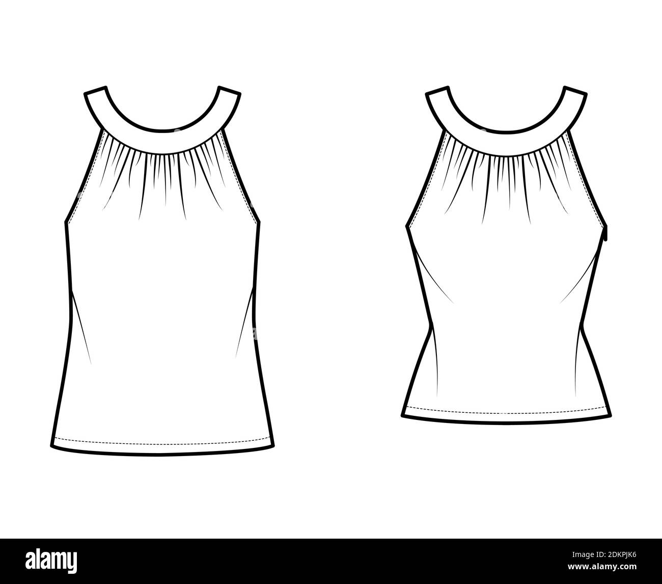 Set of Tops rounded neck band tank technical fashion illustration with ruching, fitted and oversized body, tunic length, button keyhole. Flat shirt template front white color. Women, unisex CAD mockup Stock Vector