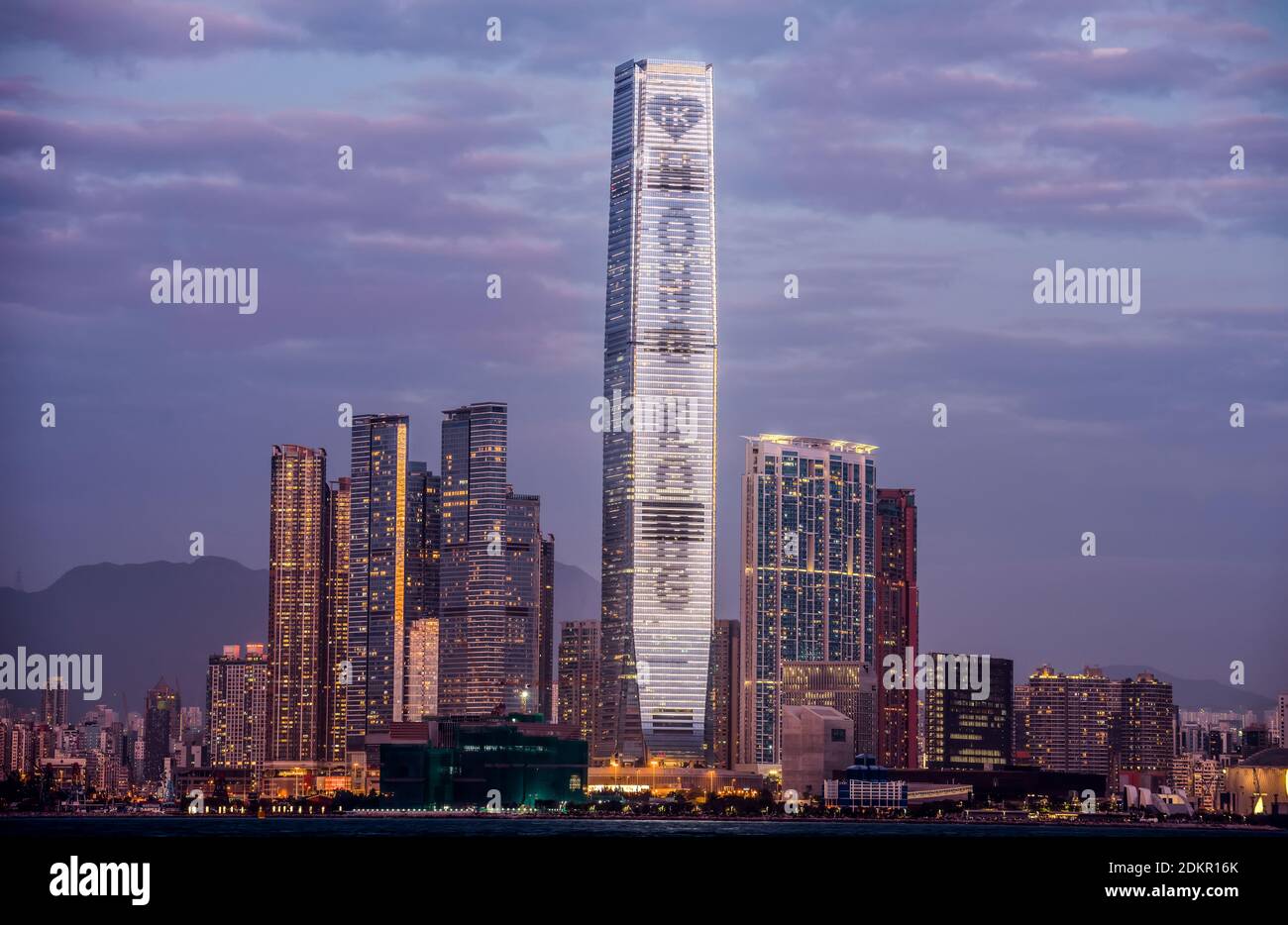 Hong Kong tallest building the International Commerce Center ICC, lights up for Christmas 2020, Hong Kong, China. Stock Photo