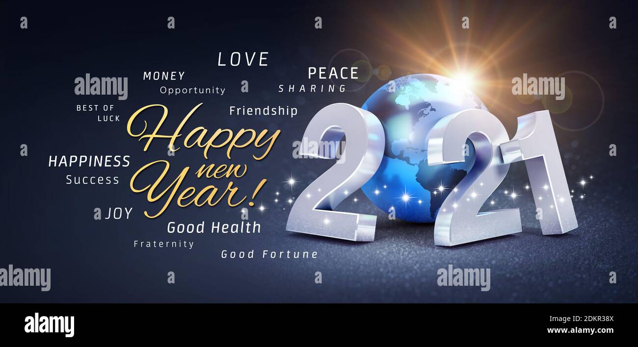 Happy New Year greetings, best wishes and 2021 date number, composed with a blue planet earth, on a festive black background, with glitters and stars Stock Photo