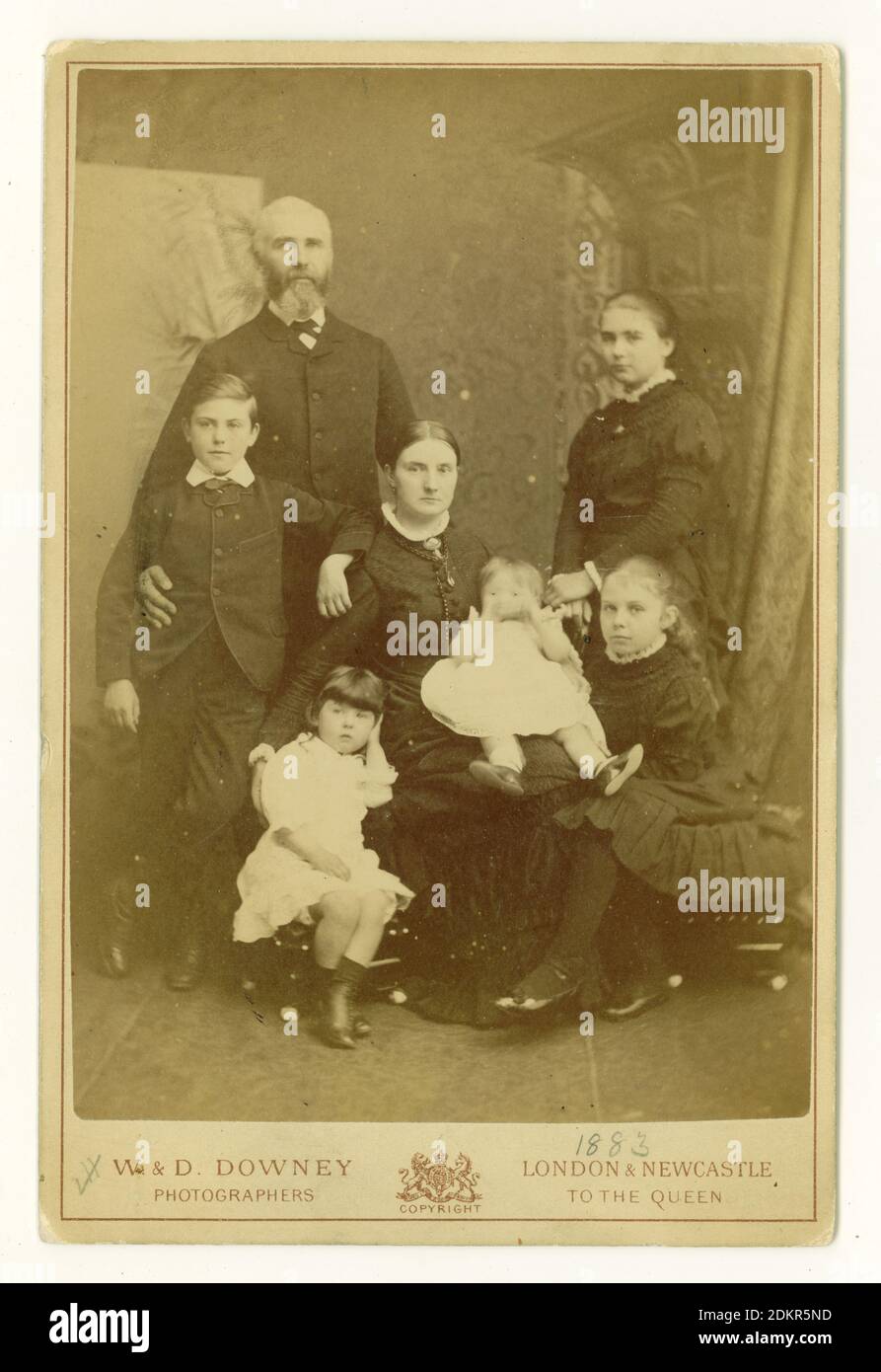 Original Victorian CDV (Carte de Visite) of a family of 5 children, including a baby. From the studio of W. & D. Downey, (photographers to the Queen) based at London and Newcastle, dated 1883 on the front. Stock Photo