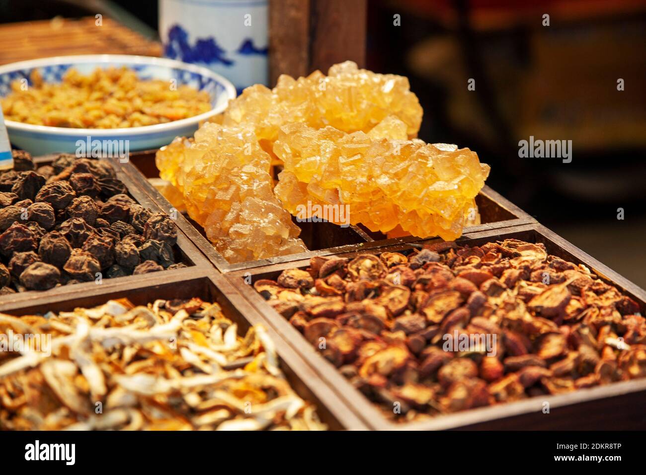 Spices and crystalised suger on display for sale in shop at Muslim Quarter Xian Xi'an China Stock Photo