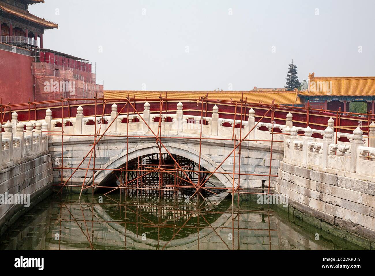 Scaffolding on bridge over Golden Stream in First courtyard within Imperial Forbidden City Beijing Stock Photo