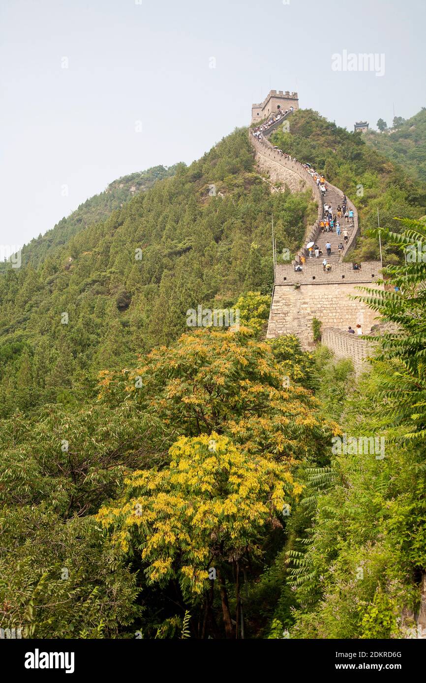 Tourists climbing up Juyongguan section of Great Wall of China Beijing Stock Photo