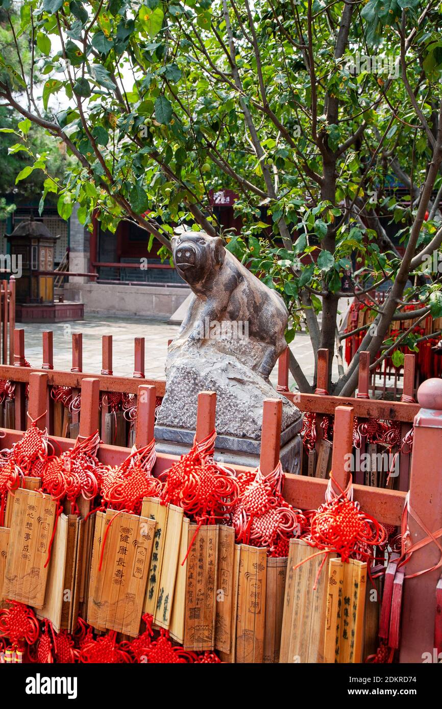 Red Chinese prayer sticks with statue for Year of the Pig near Great Wall of China Beijing Stock Photo