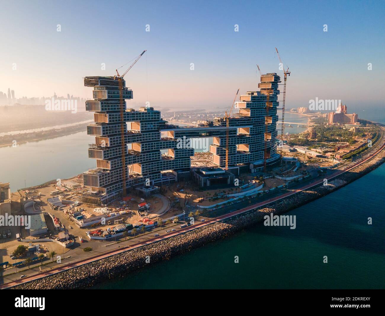 Dubai, United Arab Emirates - December 1, 2020: The Royal Atlantis Resort & Residences under construction on the Palm Jumeirah island in Dubai United Stock Photo