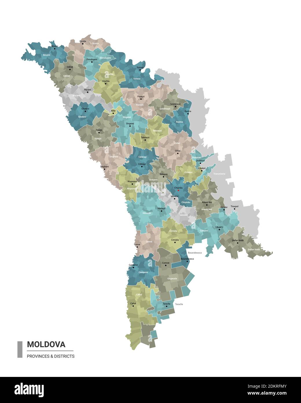 Moldova higt detailed map with subdivisions. Administrative map of Moldova with districts and cities name, colored by states and administrative distri Stock Vector