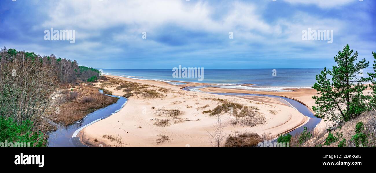 White sand beach and Baltic sea surrounded by conifer trees forest in Baltic. The White Dune and Baltic see at Saulkrasti in spring, Latvia. Stock Photo