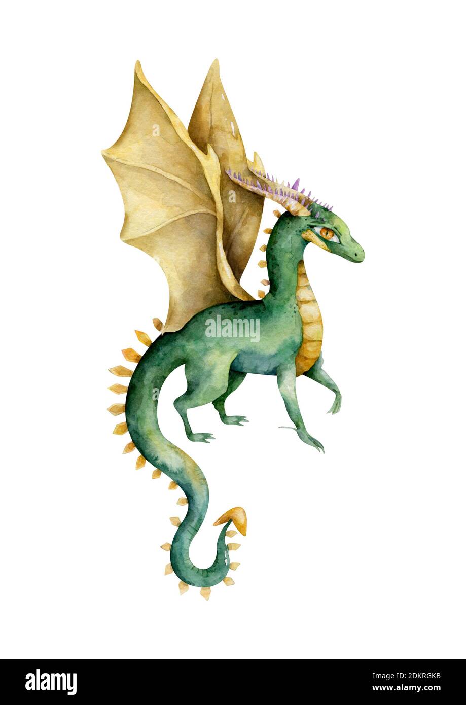 Golden and green cute dragon. Hand drawn watercolor cartoon isolated ...