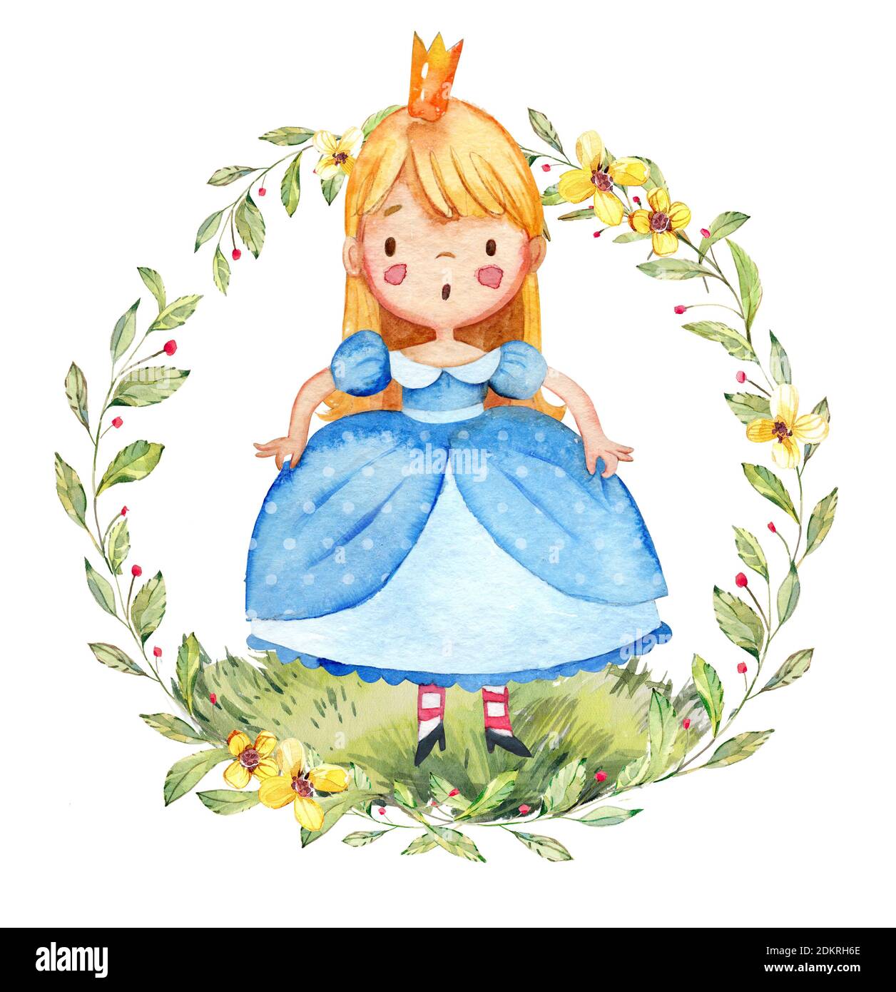 Watercolor illustration of a cute little princess in a blue dress. Little girl surrounded by watercolor wreath. Isolated. Stock Photo