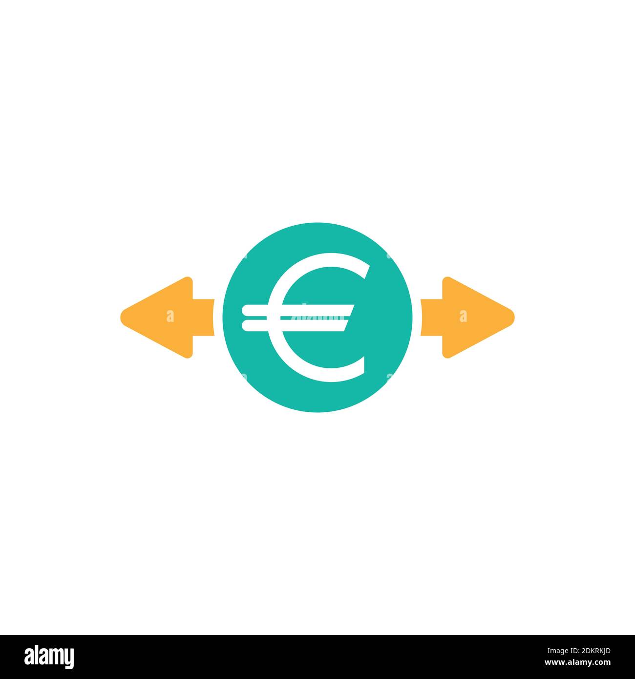 Two orange arrows with euro sign in blue circle. Flat icon. Isolated on white. Currency exchange icon. Good for web and software interfaces. Vector il Stock Vector