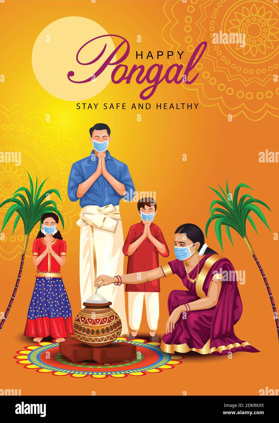Happy Pongal celebration with sugarcane, Rangoli, pot and rice. Tamil family offering prayers. Indian cultural festival celebration concept vector ill Stock Vector